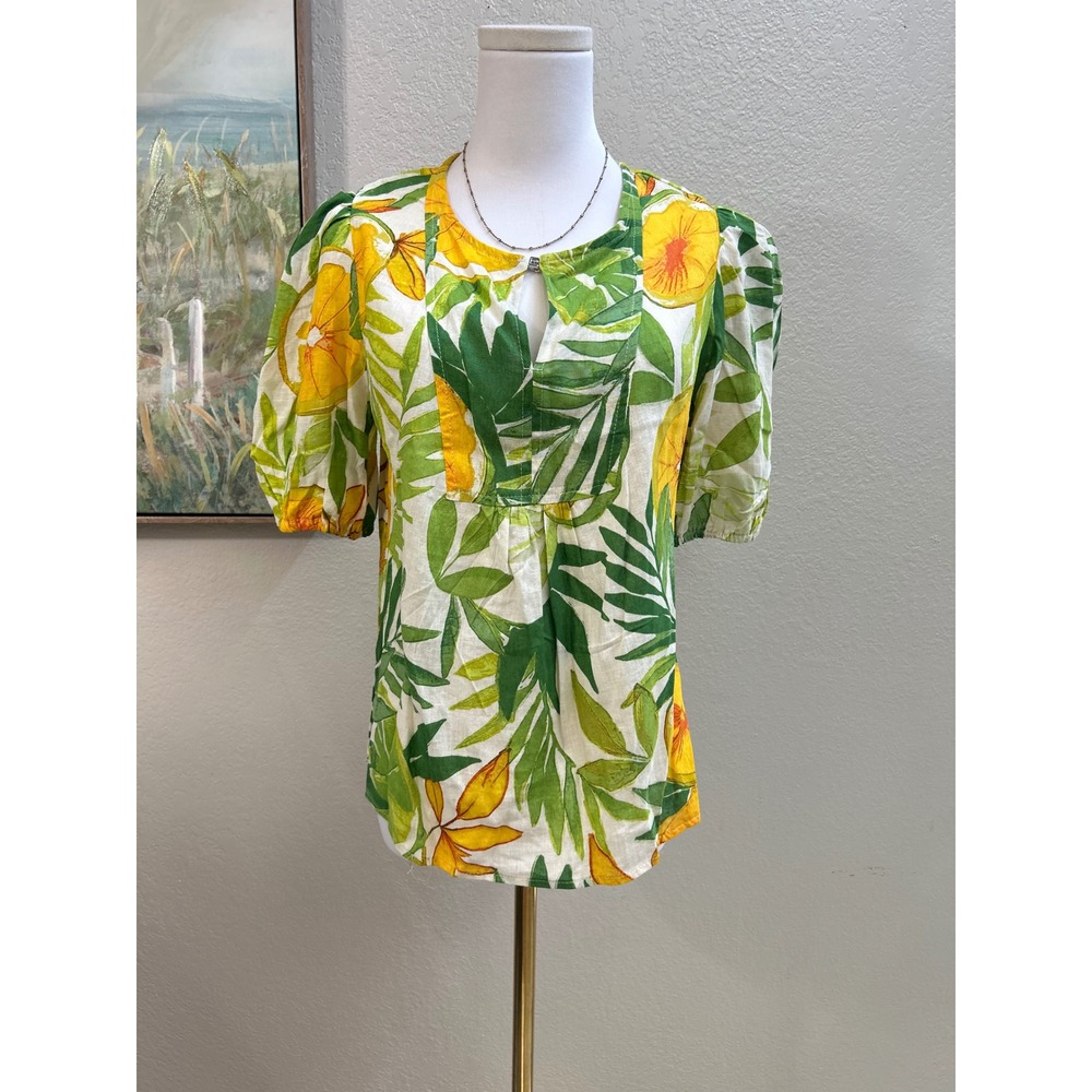 C&C California Yellow Tropical Print Linen Blend Puff Sleeve Blouse Size Small